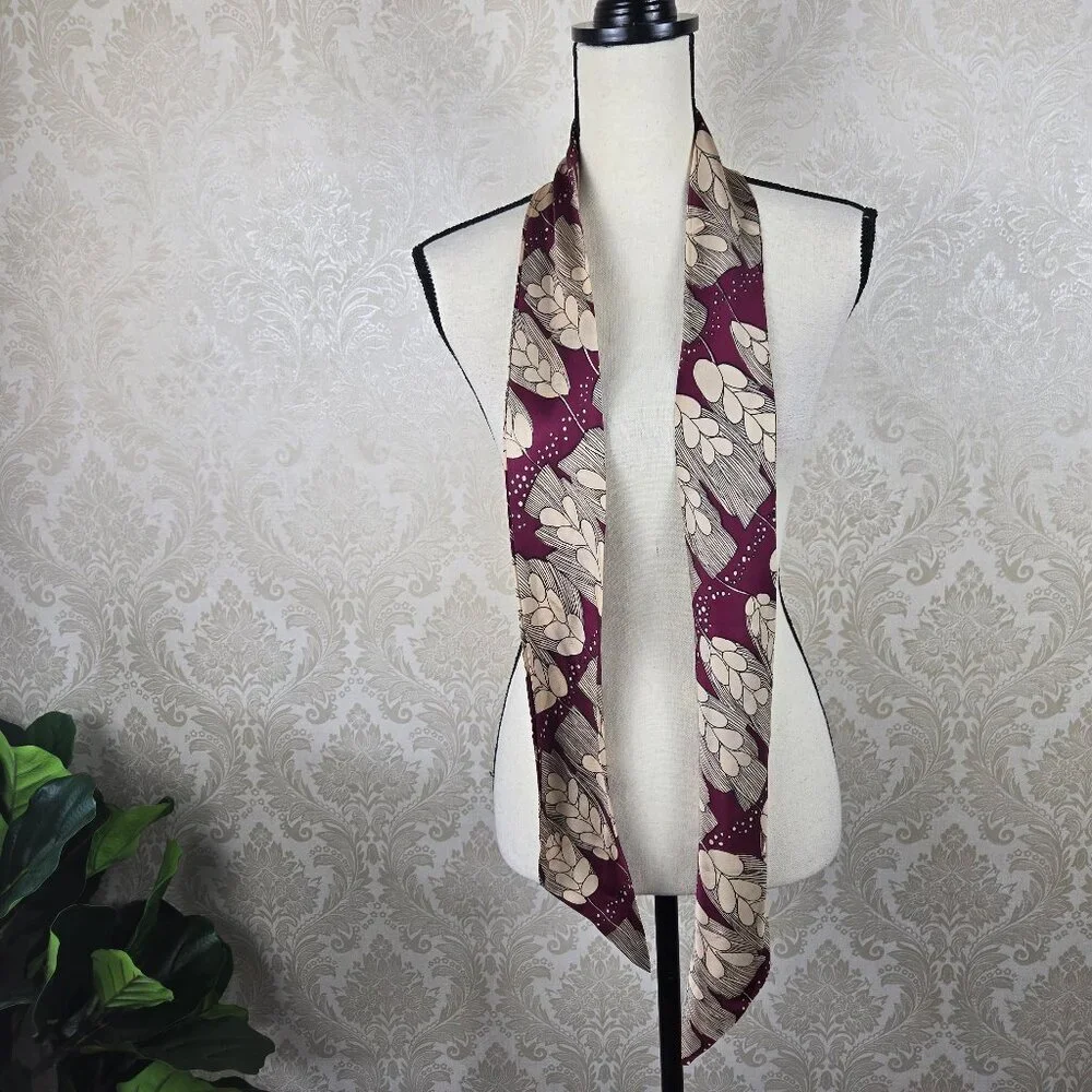 Long Narrow Scarf Purse Twilly Cream Maroon Pattern Angled Ends Neutral Gifts